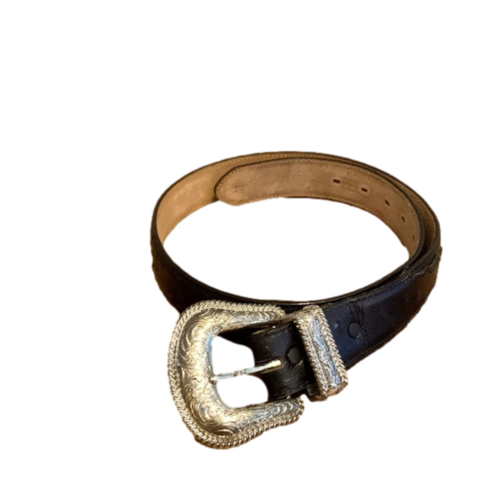 𝅺TONY Lama Leather Belt, Size 32, Brown Ostrich with Silver Tone Buckle.